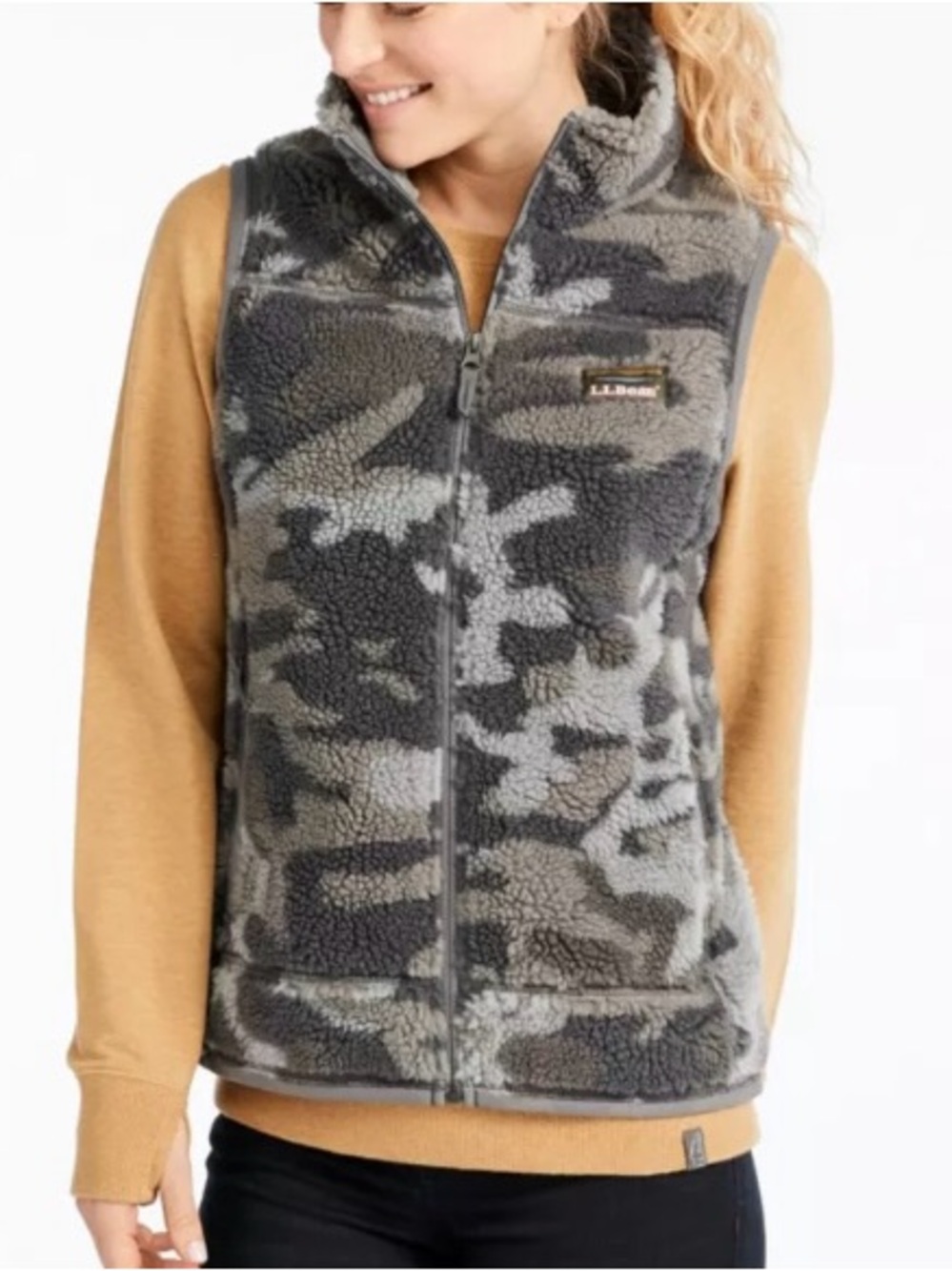 L.L.Bean Mountain Pile Fleece Vest Grey Camo Zip Front New